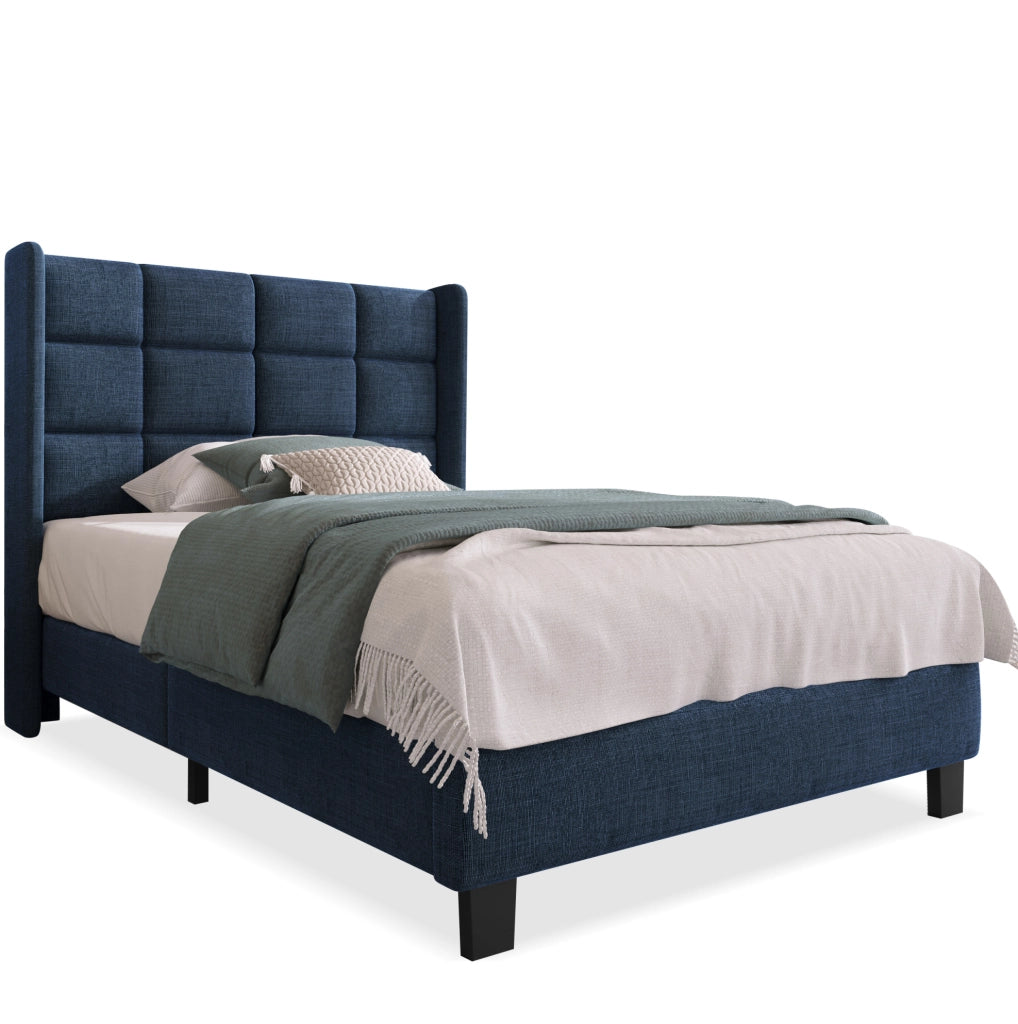 Letto singolo imbottito con testiera e rete a doghe 90x200 cm in lino blu