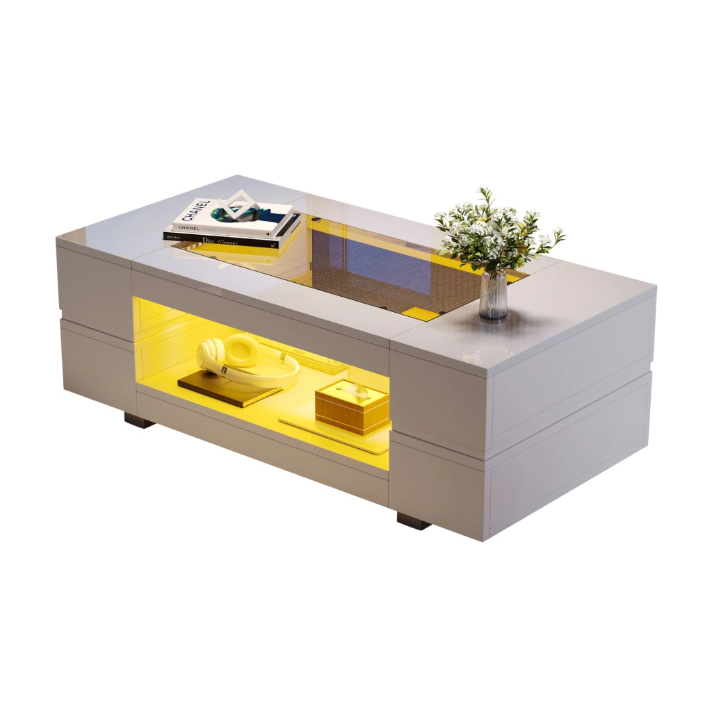 Tavolino da salotto 100x50x35 cm; LED con controllo da app; truciolato bianco
