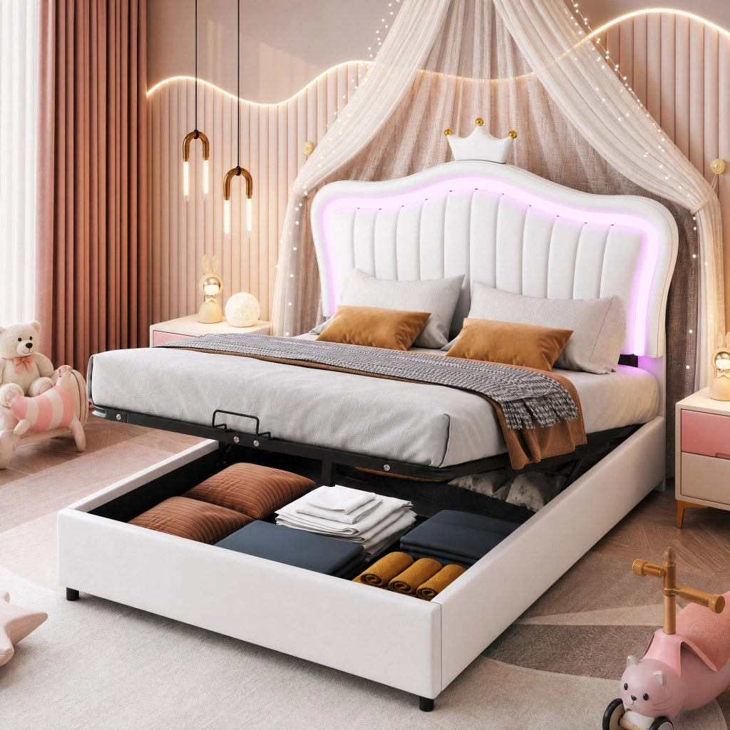 Letto imbottito per bambini 140x200 cm con LED e contenitore
