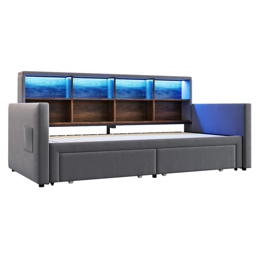 Letto imbottito estraibile ULEVR 90x190 cm, estensibile a 180 cm, LED, prese USB e Type-C, grigio