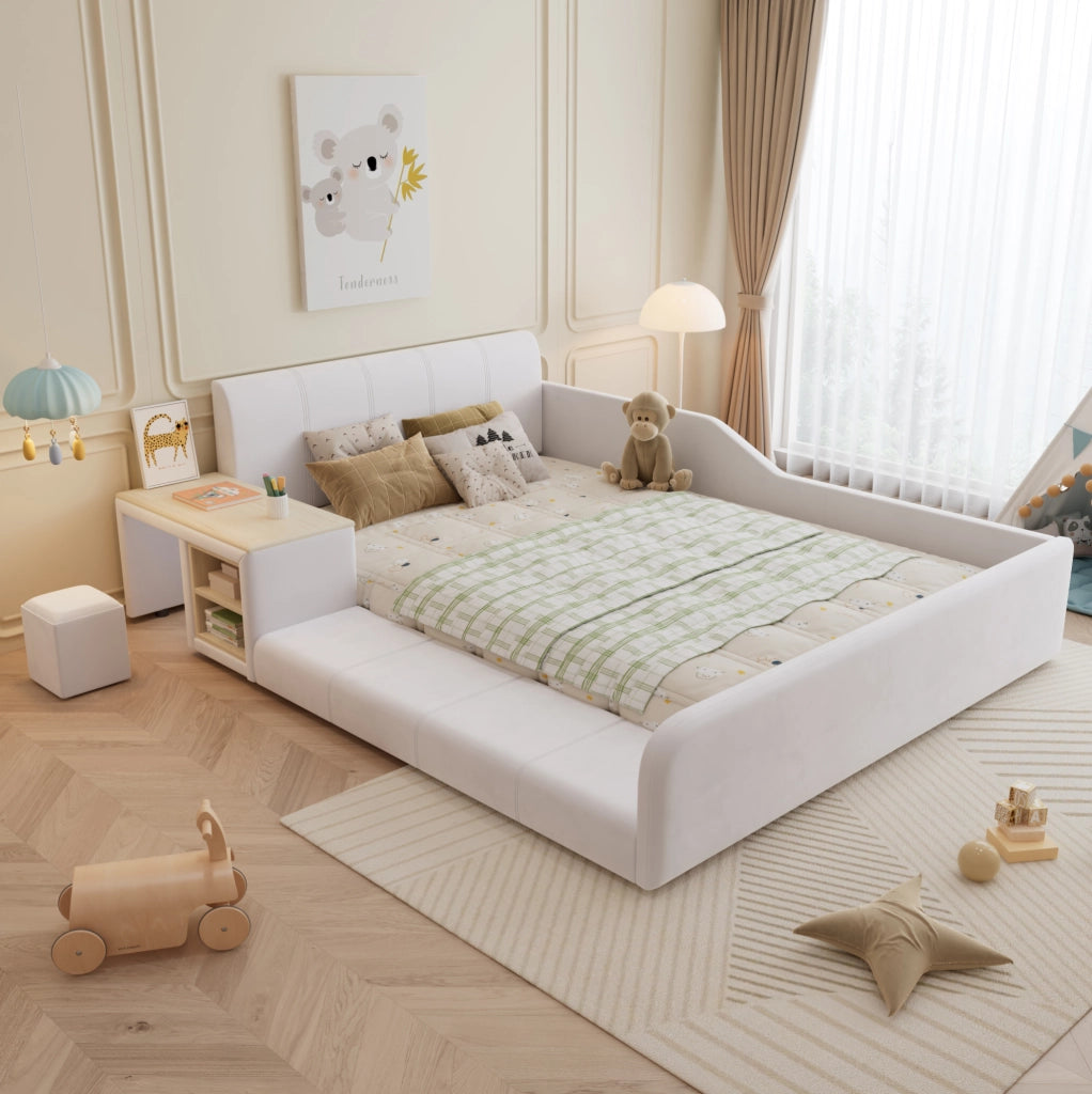 Letto imbottito 140x200 cm con scrivania; sgabello e ripiano in velluto bianco