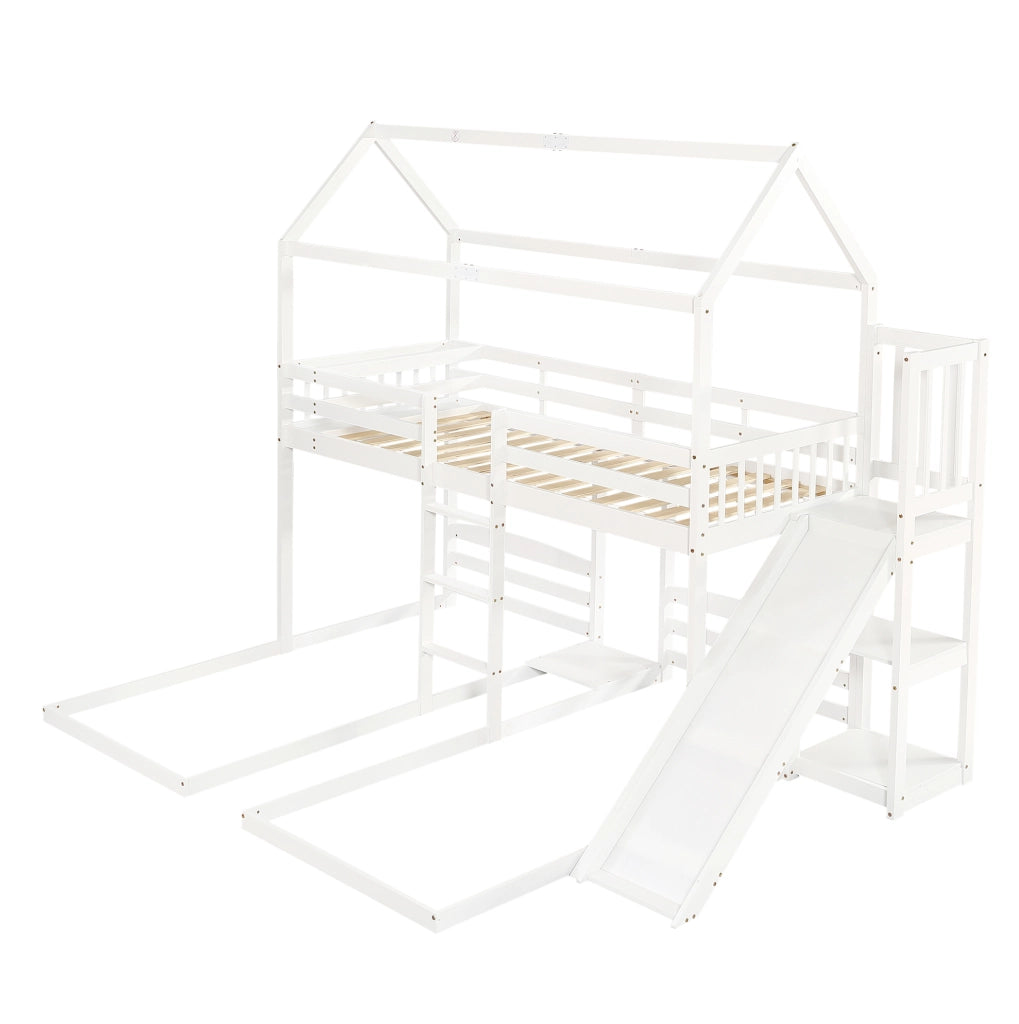 Letto a castello 90x200 cm con scivolo; tetto e 3 posti letto in legno e MDF bianco