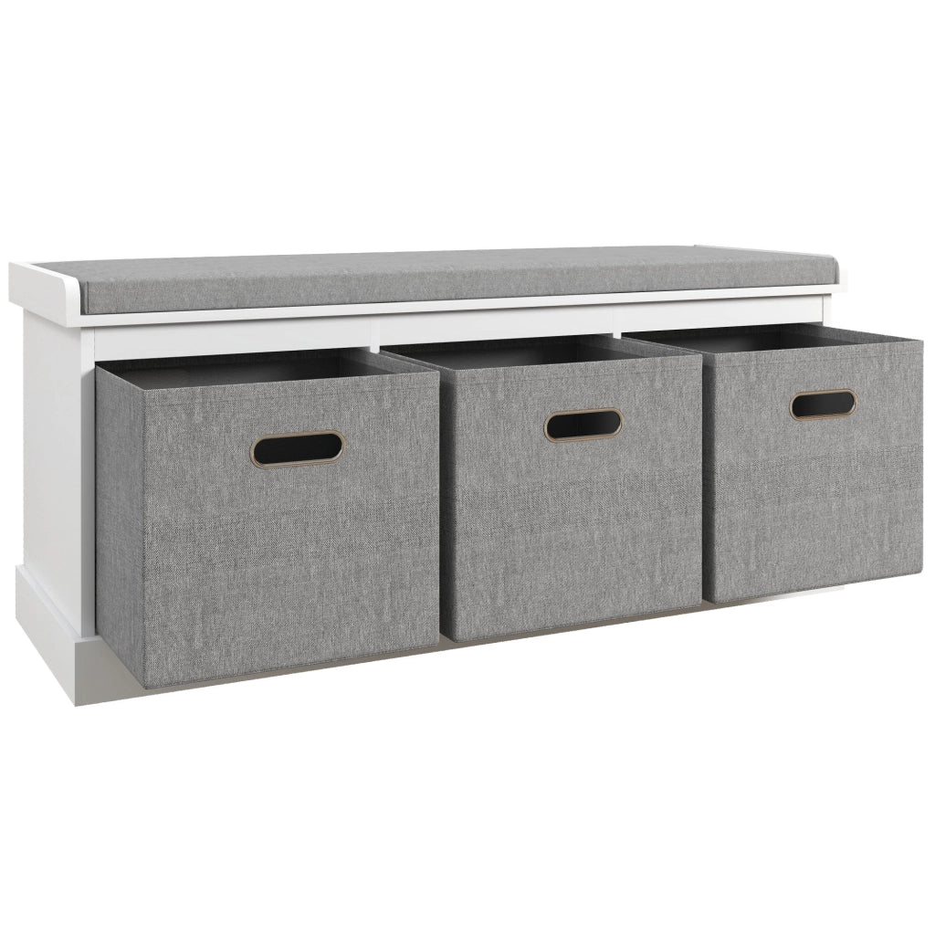 Panca Scarpiera 105x35x47 cm 3 Ceste e Seduta Imbottita in Legno Bianco e Grigio