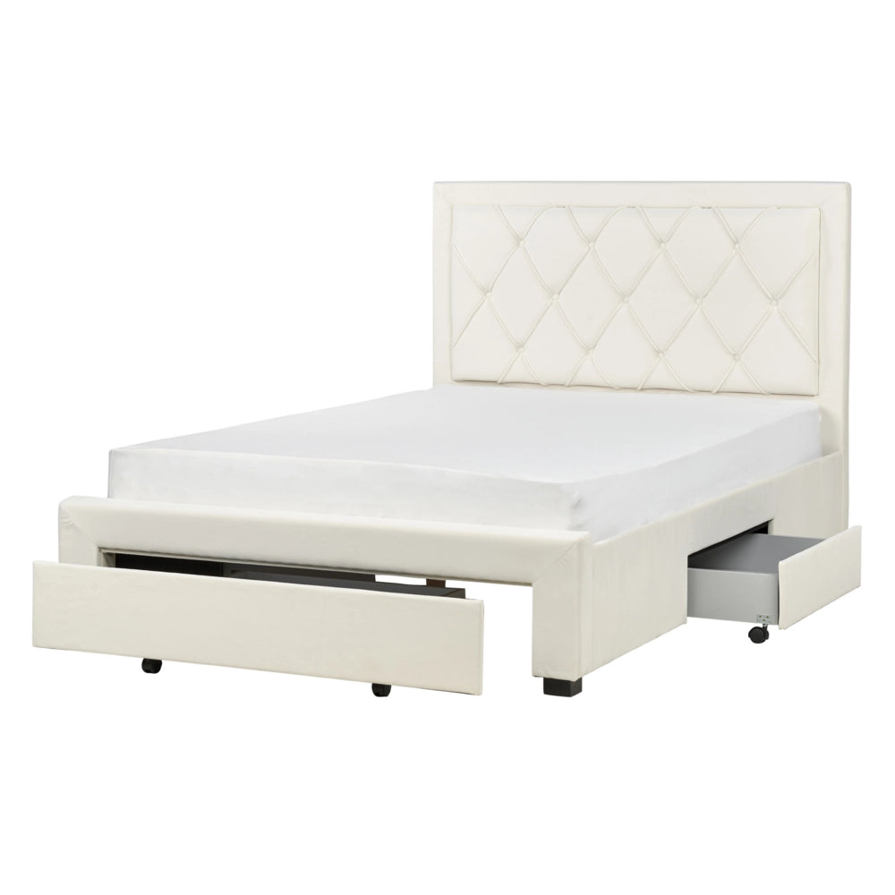 Letto matrimoniale contenitore tappezzeria in velluto beige 140 x 200 cm trapuntato testiera alta cassetti Glam Design
