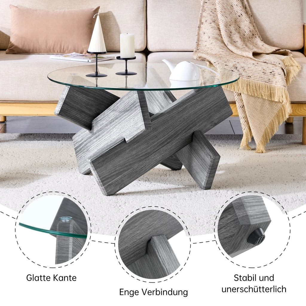 Tavolino da caffè con base a croce e piano in vetro - per soggiorno - in MDF e vetro - 79 x 45 cm - grigio e trasparente