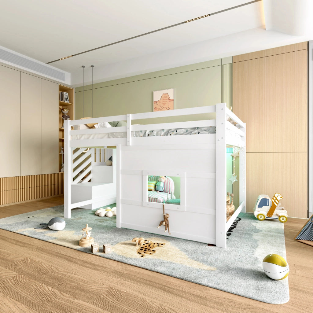 Letto a soppalco 140x200 cm bianco con scala contenitore, finestra e LED