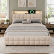 Letto matrimoniale imbottito 180x200 cm con LED; USB; 4 cassetti e testiera beige
