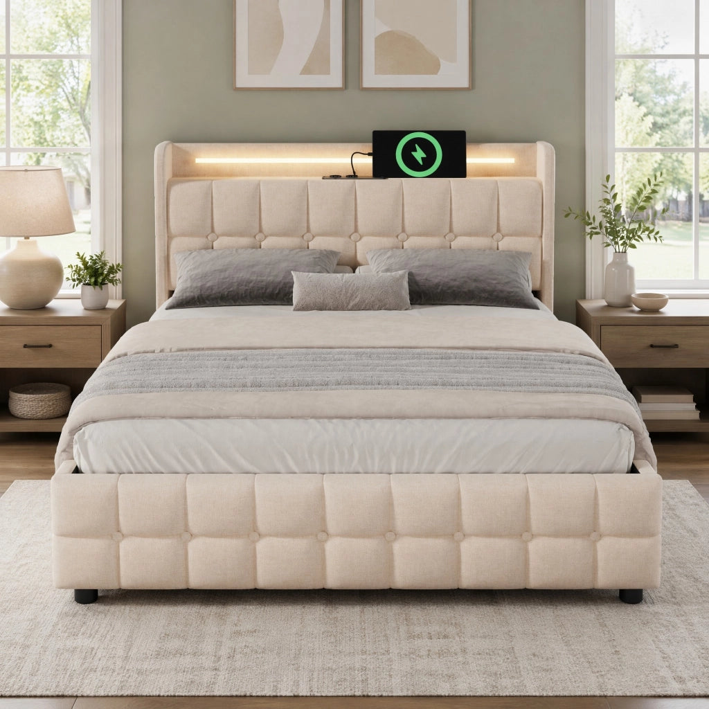 Letto matrimoniale imbottito 180x200 cm con LED; USB; 4 cassetti e testiera beige
