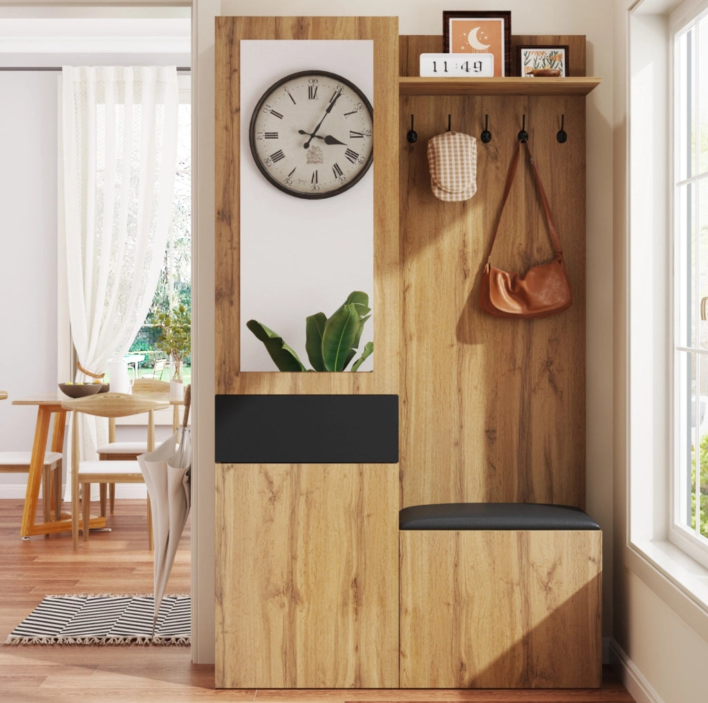 Set guardaroba ULEVR 98,5x38x191 cm con specchio, 5 ganci, 2 scarpiere e panca, nero e naturale