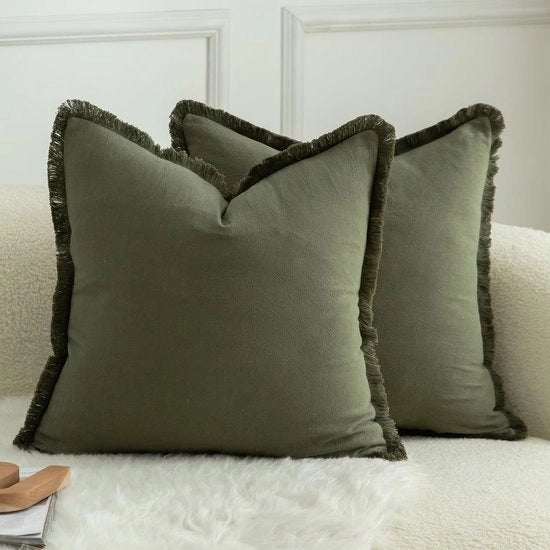 Set di 2 cuscini in cotone neutro con pennellini 50x50cm cuscini decorativi cuscini di stile boho cuscini per divano cuscini per letto cuscini per salotto arredamento per la casa verde oliva