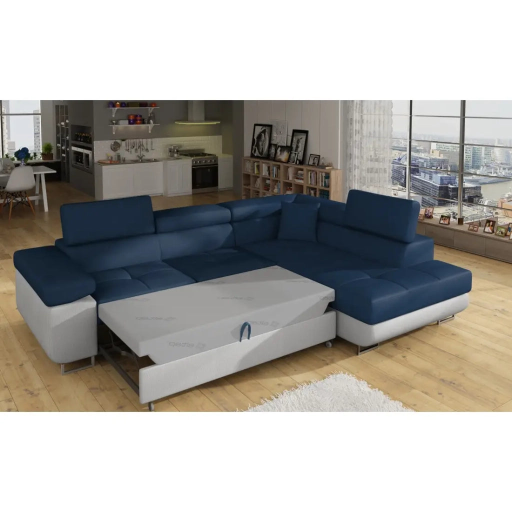 Divano ad angolo convertibile MENTON blu oceano e bianco – Angolo destro con contenitore