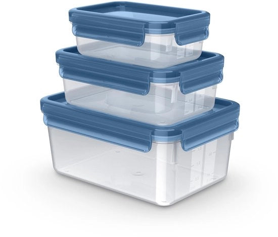 Set di contenitori alimentari Clip & Close Eco, 3 pezzi, 0,55/1,0/2,2 L, design eco-sostenibile, impermeabile, igienico, resistente a forno a microonde, congelatore e lavastoviglie, BPA-free, blu, N1171800