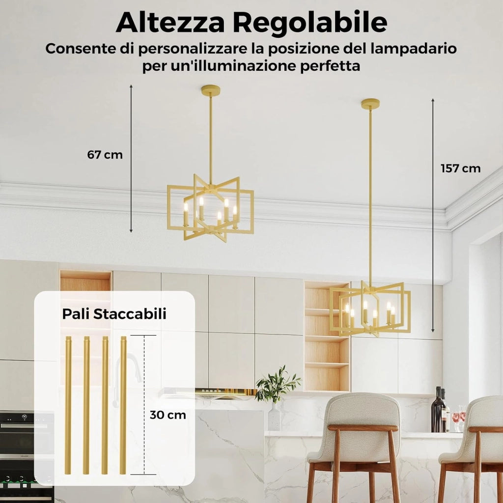 Lampadario a Sospensione a 6 Luci, Lampada a Sospensione Geometrica Moderna in Metallo Industriale con Altezza Regolabile, Lampada da Soffitto per Cucina, Salotto e Camera da Letto (Oro)