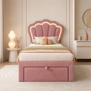 Letto singolo 90x200 cm in velluto rosa con LED RGB; testiera regolabile e cassetto