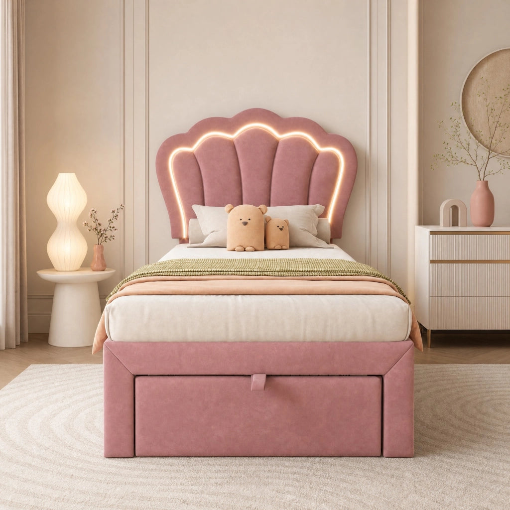 Letto singolo 90x200 cm in velluto rosa con LED RGB; testiera regolabile e cassetto