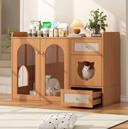 Mobile lettiera per gatti 120x45x83 cm con zona nascosta; vano riposo e ciotole in MDF e vetro; noce