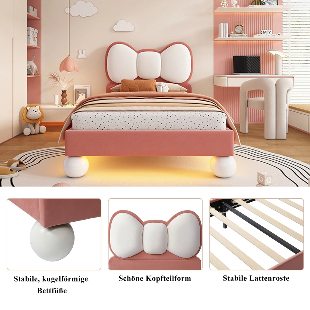 Letto imbottito per bambini 90x200 cm in velluto rosa con testiera a fiocco e LED