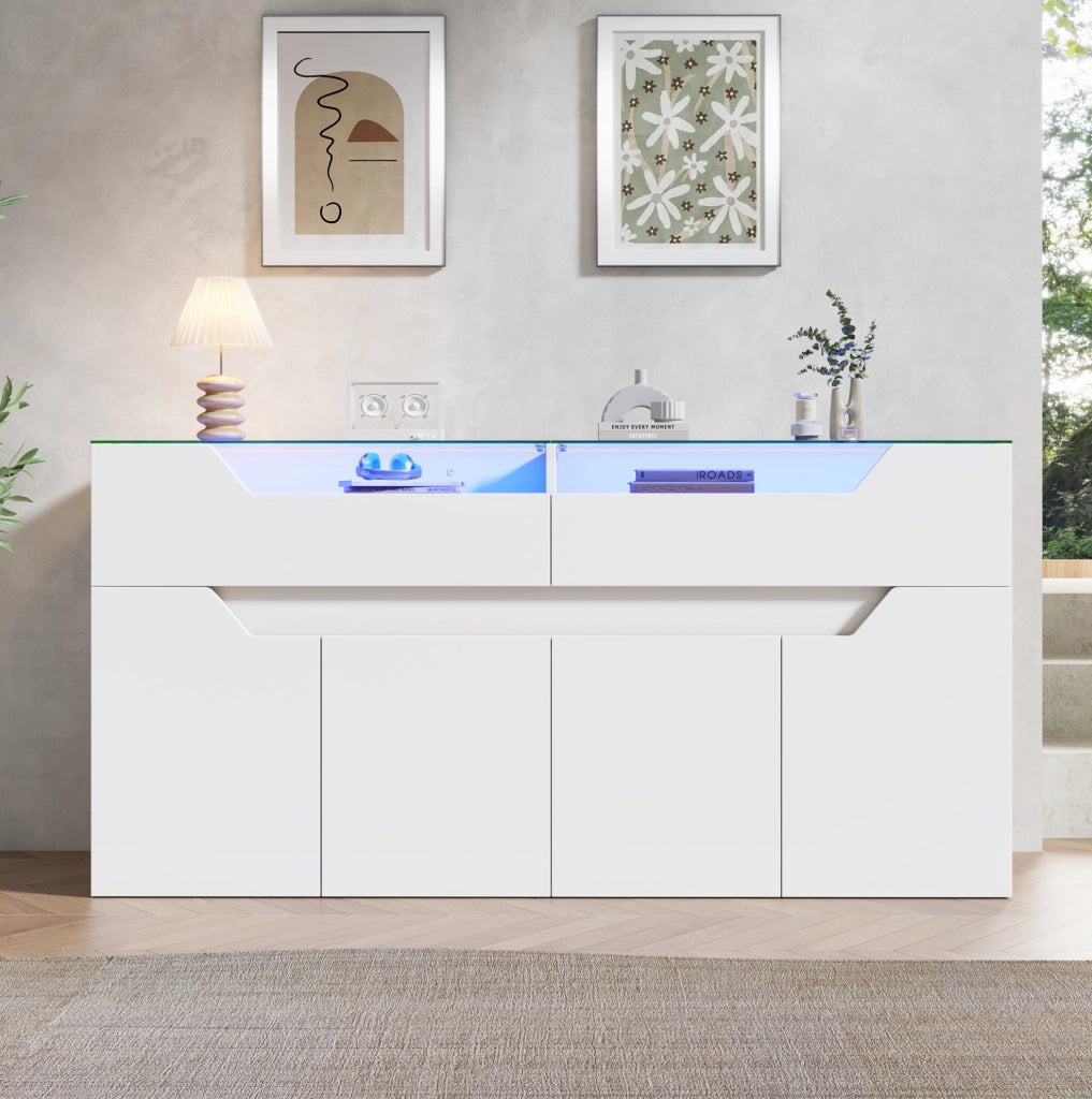 Credenza 140x40x70 cm con 2 cassetti, LED USB e piano in vetro temperato bianco