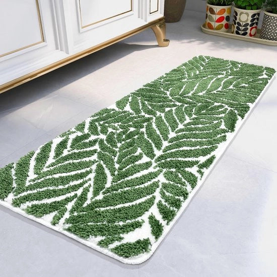 Badmat stile con foglia, colore verde scuro, 45x120 cm
