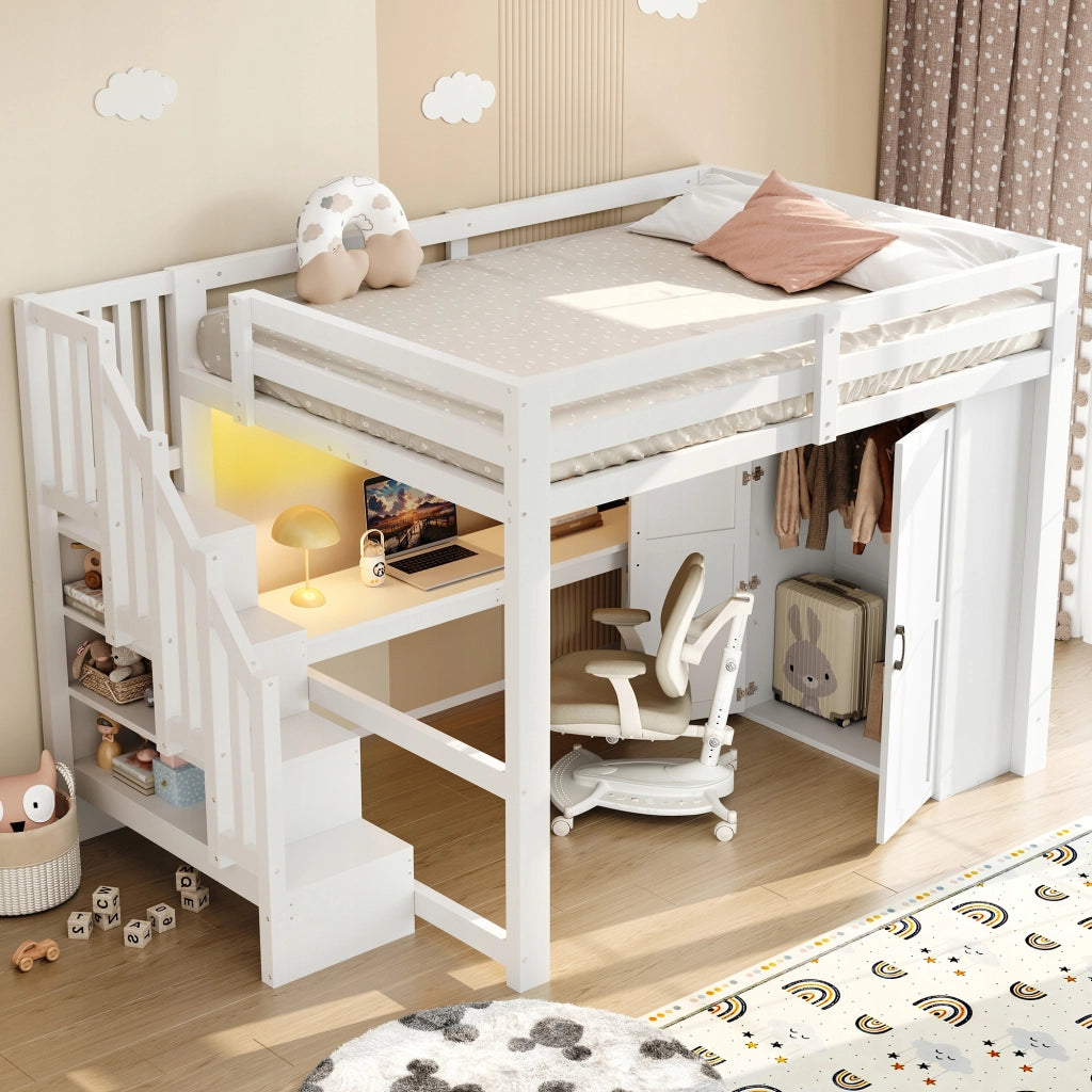 Letto a castello con scrivania e armadio - Xylo - 140x200 - Bianco - USB, LED