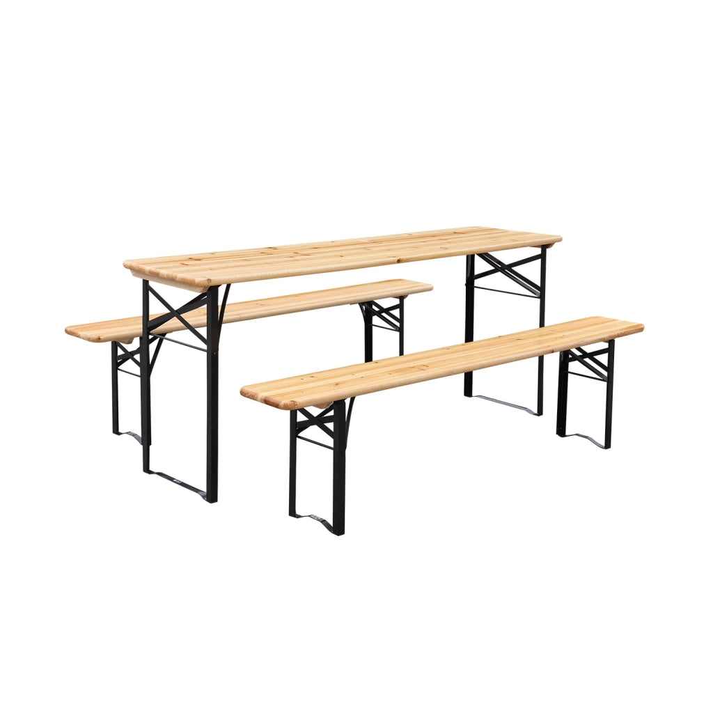 Set 2 tavoli da giardino pieghevoli in legno con 2 panche, marrone