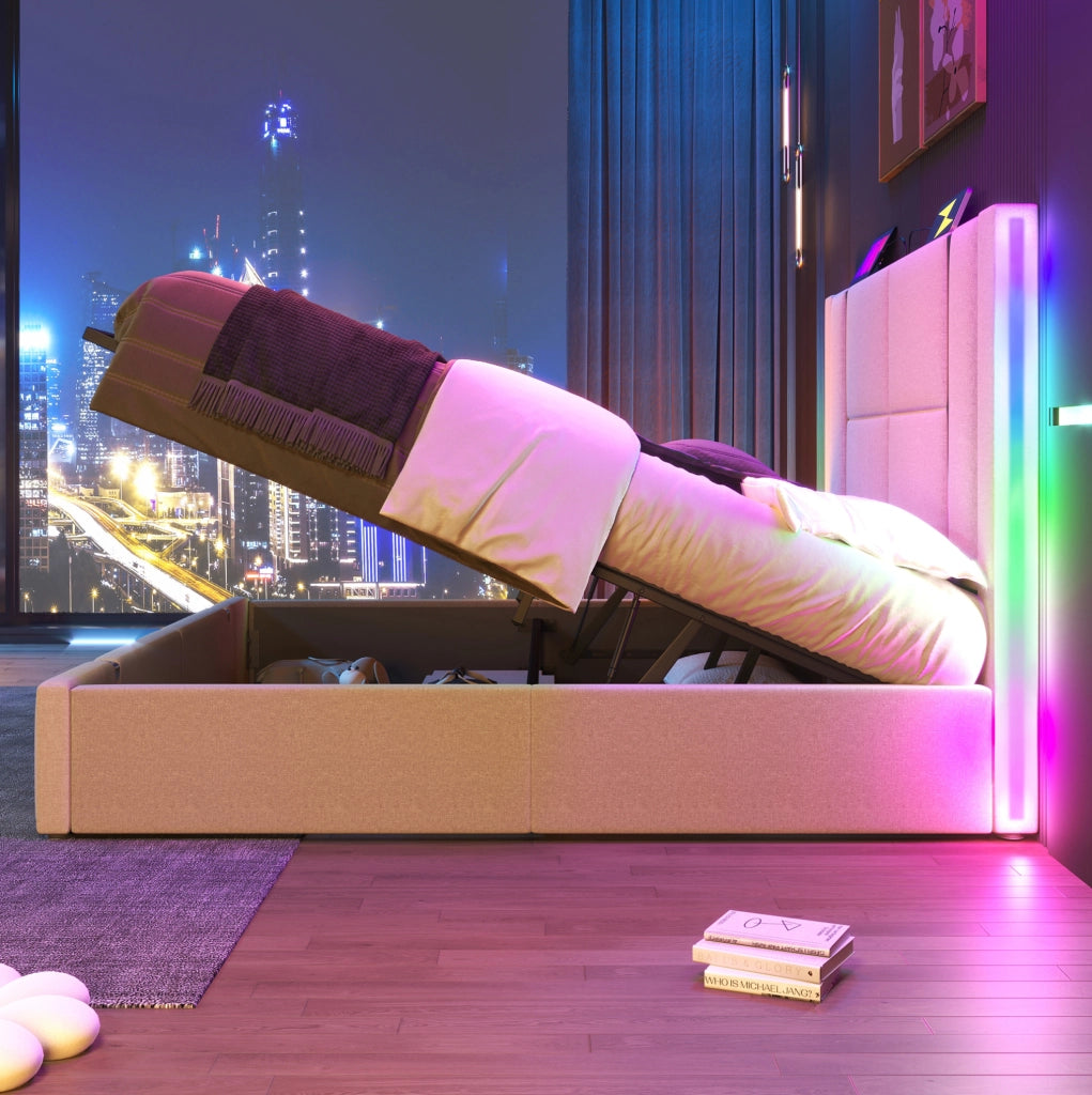 Letto imbottito matrimoniale con contenitore; LED RGB; USB e Type-C; 180x200 cm; beige