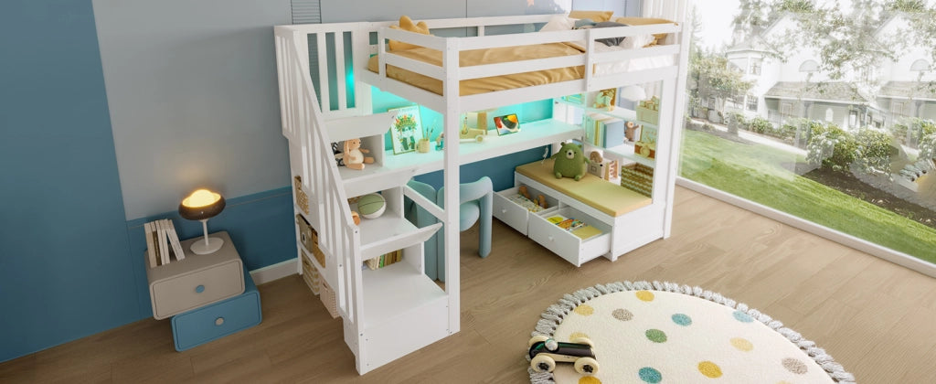 LETTO a soppalco con scrivania, ripiani e 2 cassetti 90x200 cm bianco