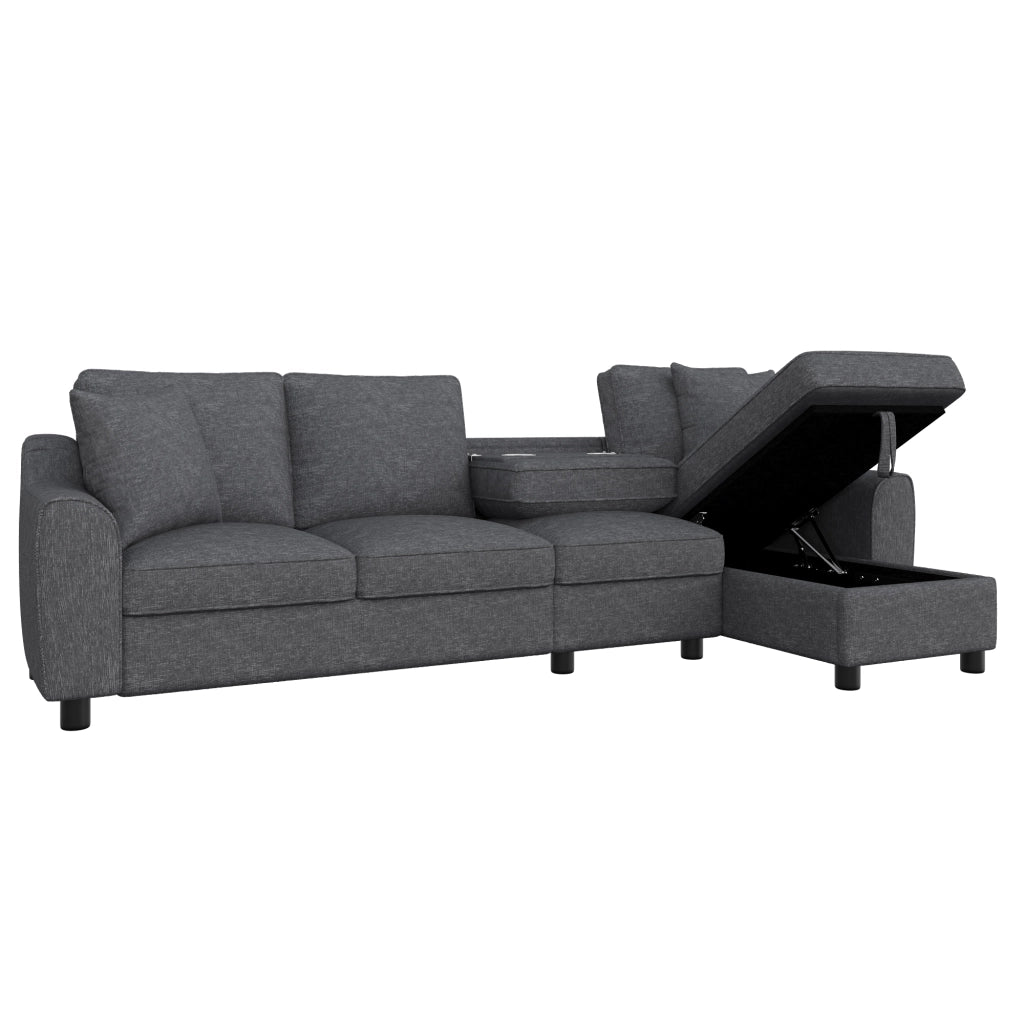 Divano angolare - con chaise longue contenitore e schienale reclinabile - chenille grigio