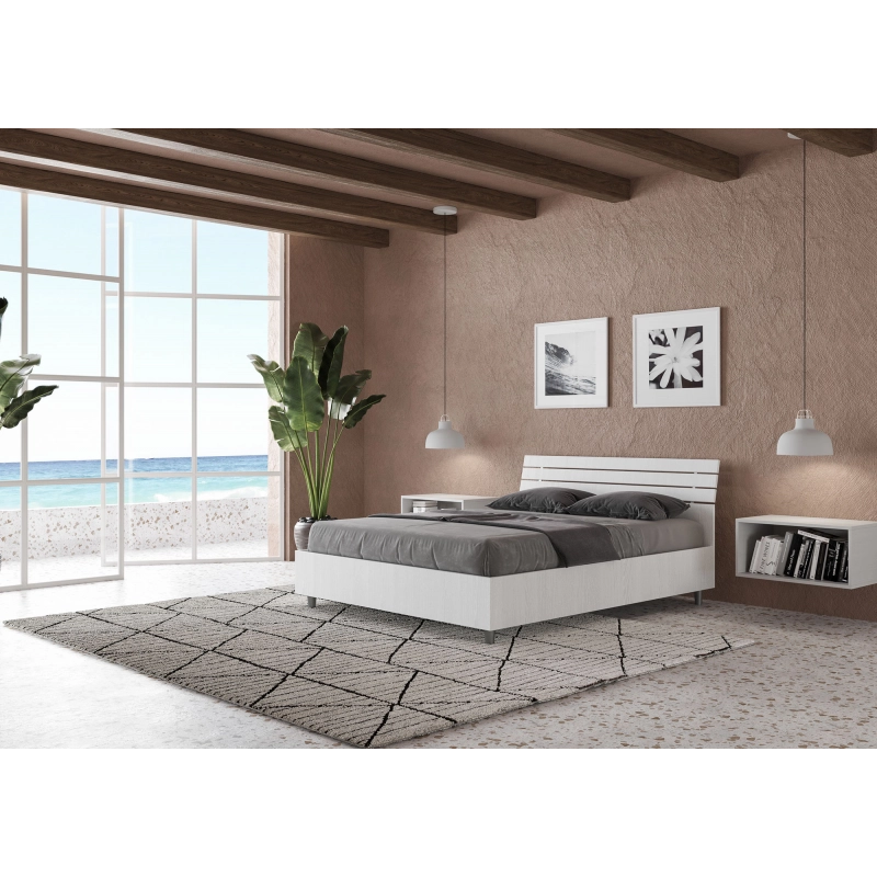 Letto Matrimoniale francese 140x200 cm testata inclinata con doghe Ankel - Con rete,Bianco Frassino