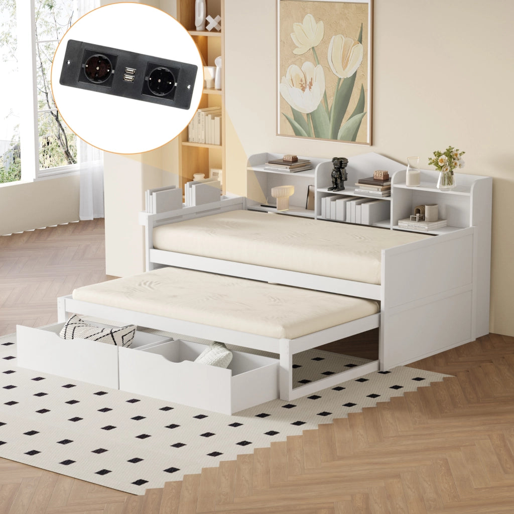 DESMIU Divano letto 90 × 200 cm 1 posto con cassetti, vano, cestino e presa USB, senza materasso, legno, bianco