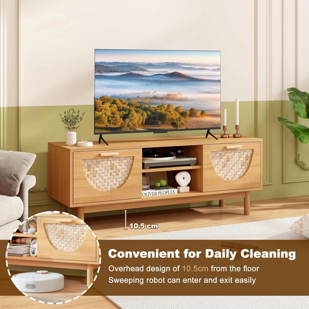Mobile TV in legno per TV fino a 55", gambe in legno massello, panca TV con 2 cassetti e ripiano aperto a 2 livelli, stile Boemia, 120 x 35 x 45,5 cm, naturale