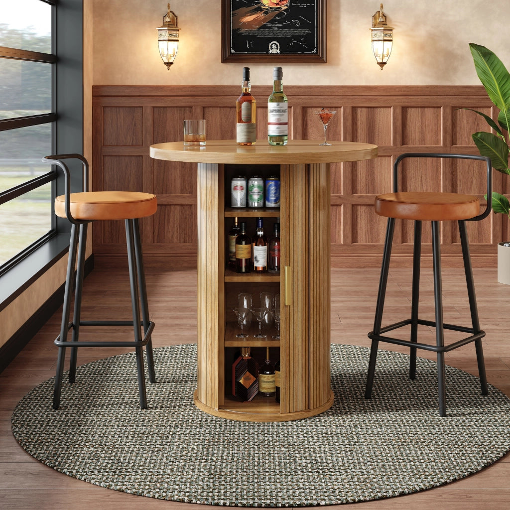 Tavolo da bar rotondo con 4 ripiani e anta scorrevole, per soggiorno e bar, in MDF e metallo, effetto legno, 60 × 60 × 91.6 cm