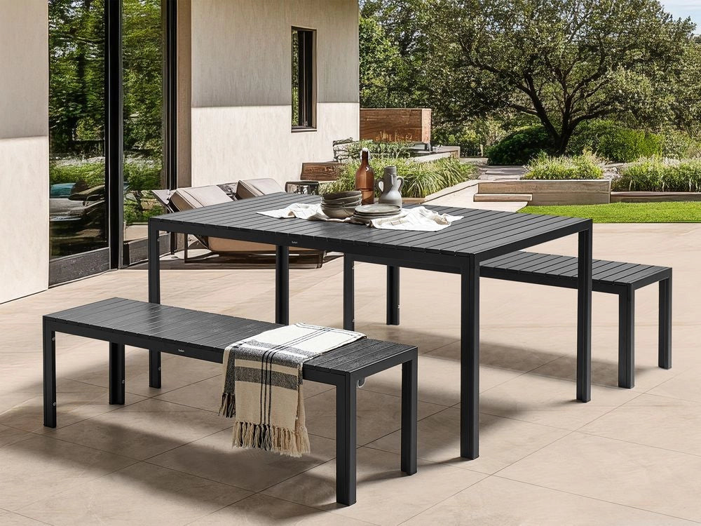 Set da Pranzo da Giardino Tavolo Rettangolare 2 Panche Telaio Alluminio anodizzato nero esterno terrazzo