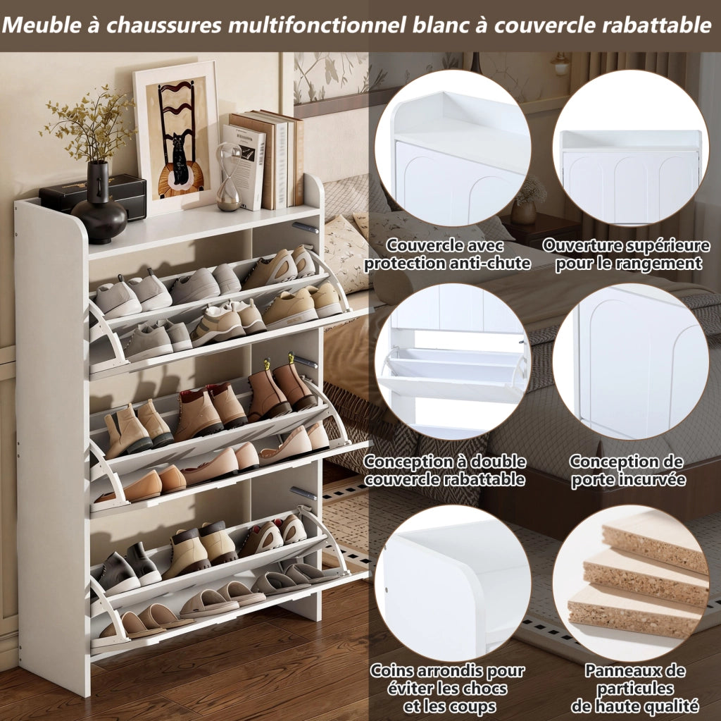 Scarpiera con 3 ante a ribalta; 70 x 25 x 120 cm; MDF; bianco