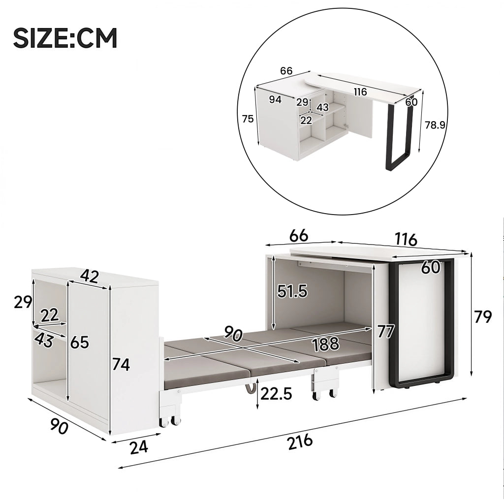 Scrivania pieghevole multifunzionale con letto e 2 vani aperti, per ufficio e camera, bianco, 216 × 116 × 79 cm