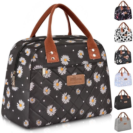 Borsa isolante per pranzo per donne, adulti, lavoro, donne, uomini, contenitore per cibo, borsa per scuola, picnic o viaggio (nero margherita)