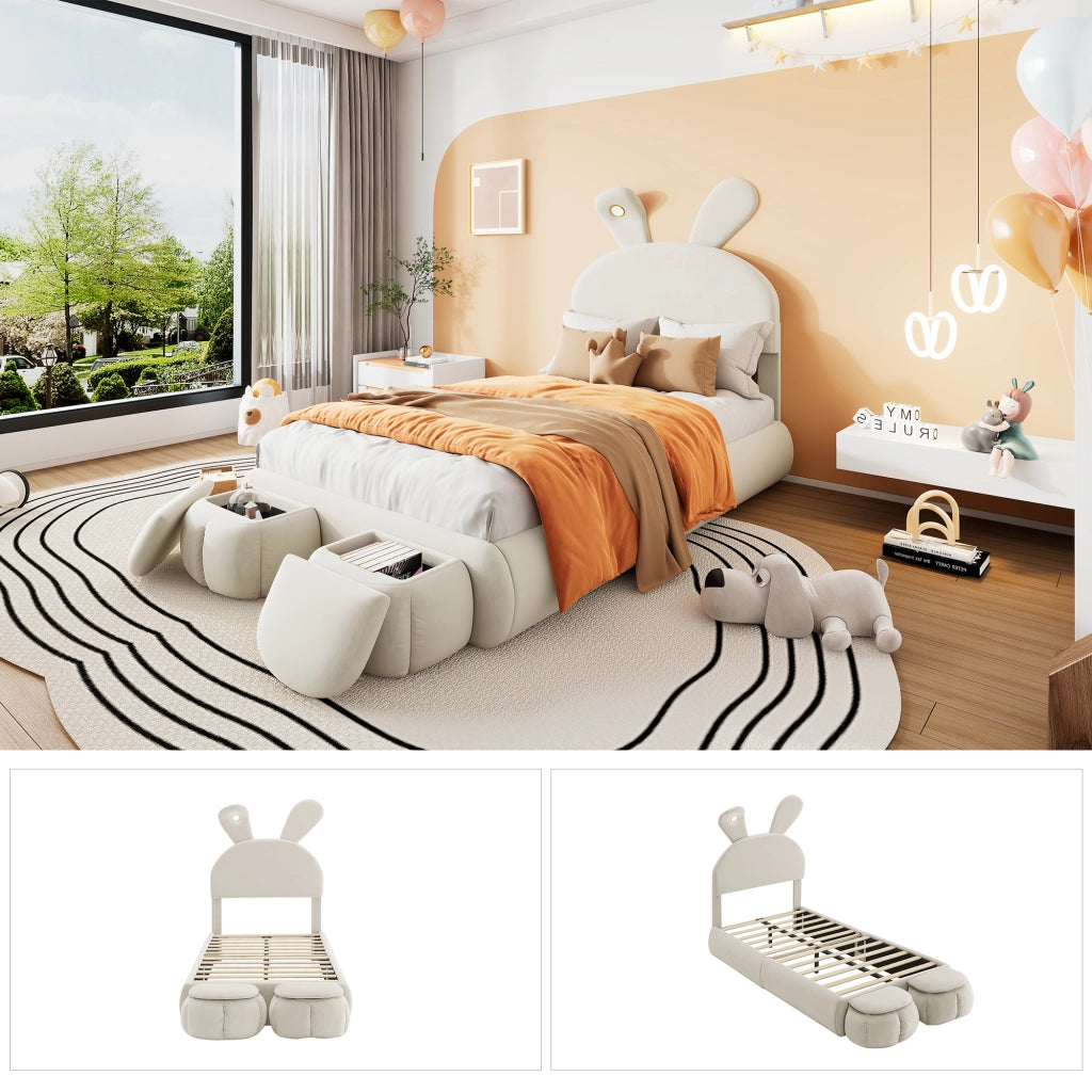 DESMIU Letto per bambini 1 posto con LED regolabile e 2 pouf contenitore, 90 × 200 cm, senza materasso, beige