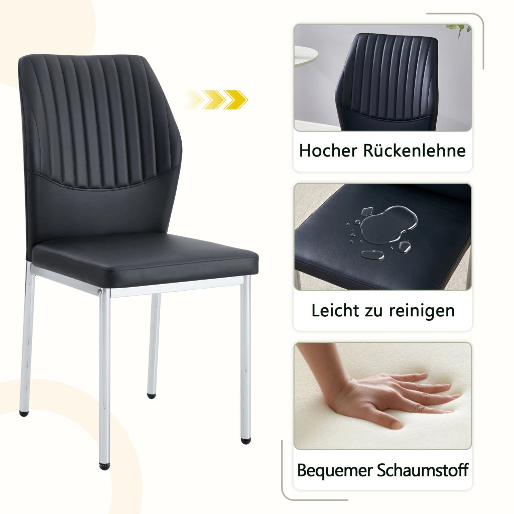 Sedia da pranzo Set di 4 con schienale a scanalature e gambe in metallo, PU Nero Argento