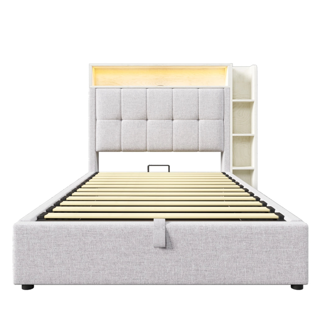 Letto singolo imbottito 90x200cm con carica USB-C; LED e controllo App in lino beige