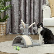 Tiragraffi per gatti con cuccia, piattaforma a zampa e 2 palline, 40 cm, grigio chiaro