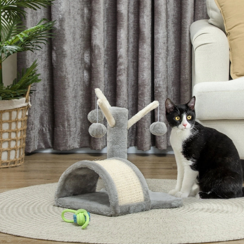 Tiragraffi per gatti con cuccia, piattaforma a zampa e 2 palline, 40 cm, grigio chiaro