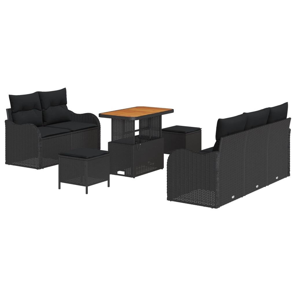 Set di Divani da Giardino  da 8 Pezzi con Cuscini Nero Polirattan Acacia
