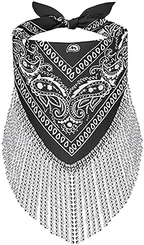 Bandana con frange - Strass perle - Sciarpa - Cappuccio - Accessori da festa - 55 x 55 cm - Poliestere con pailletten