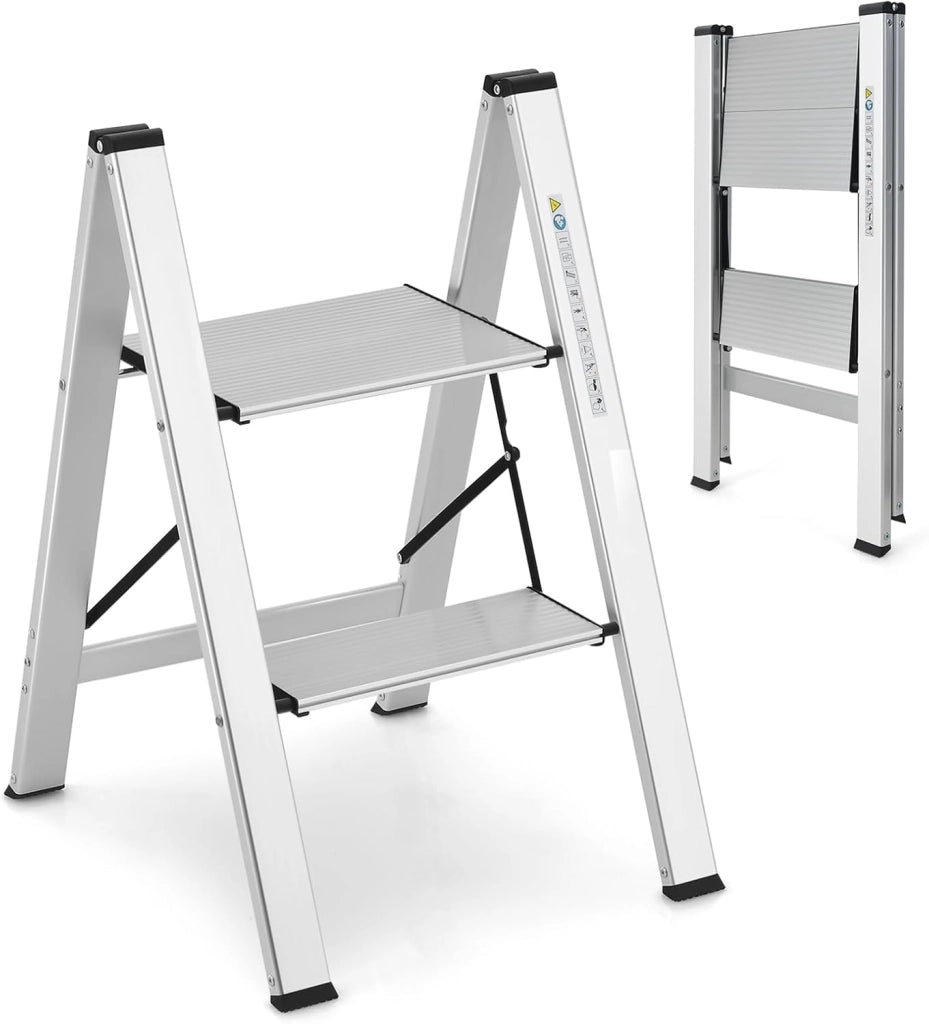 Scala 3 Gradini in Alluminio, Scaletta Pieghevole con Piedini Antiscivolo, Leggera e Portatile, Portata 150 kg, Attacco & Fibbia di Sicurezza, per Casa, Officina, Garage, 44 X 62 X 109 CM