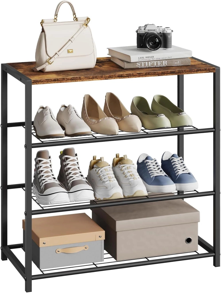 Scarpiera da Ingresso Panca Scarpiera a 3 Ripiani per 9 Scarpe, Porta Scarpe Scaffale con Seduta in Legno e Metallo