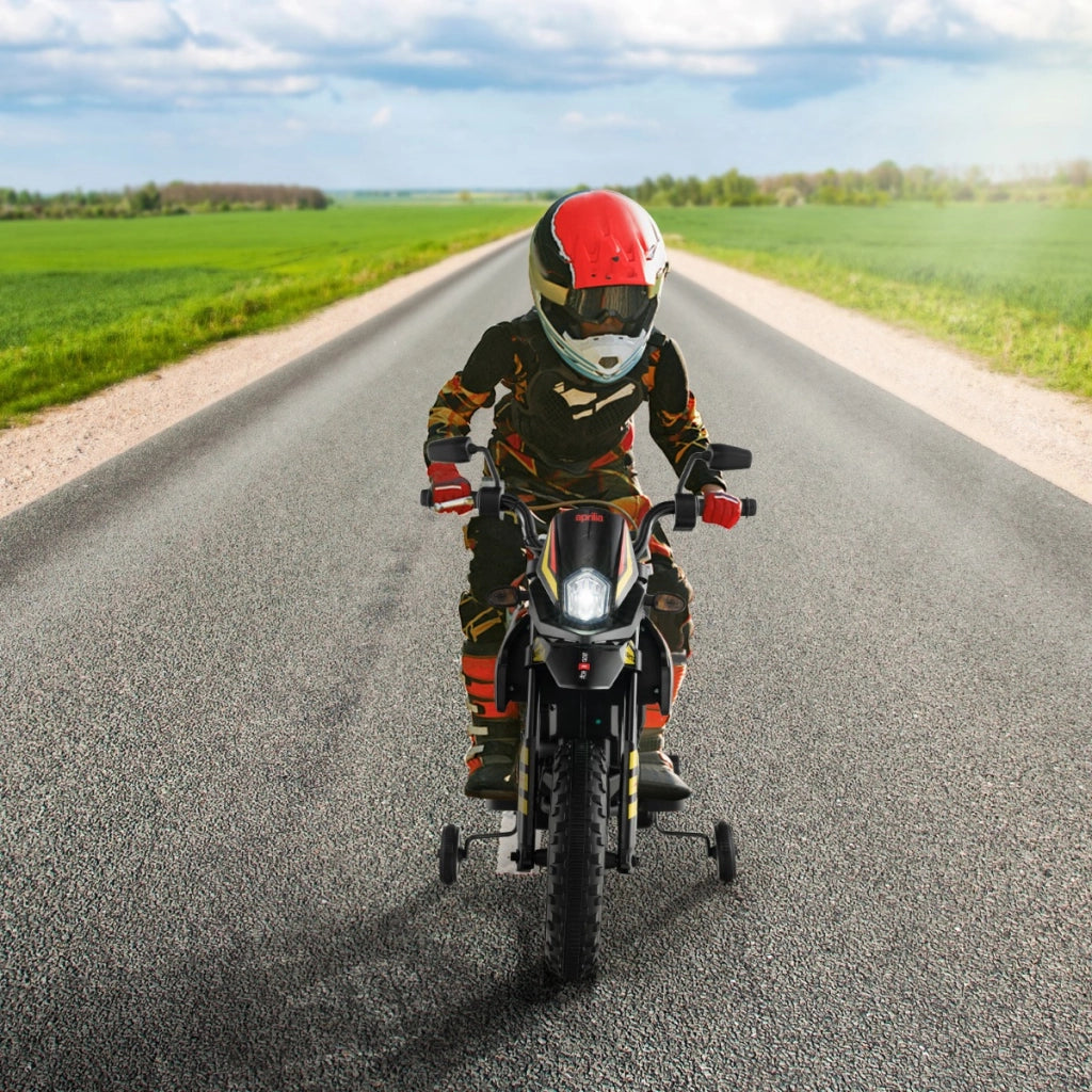 Moto cavalcabile per bambini con licenza aprilia e 2 ruote aggiuntive, Moto elettrica 12V con musica Nero-Moto elettriche