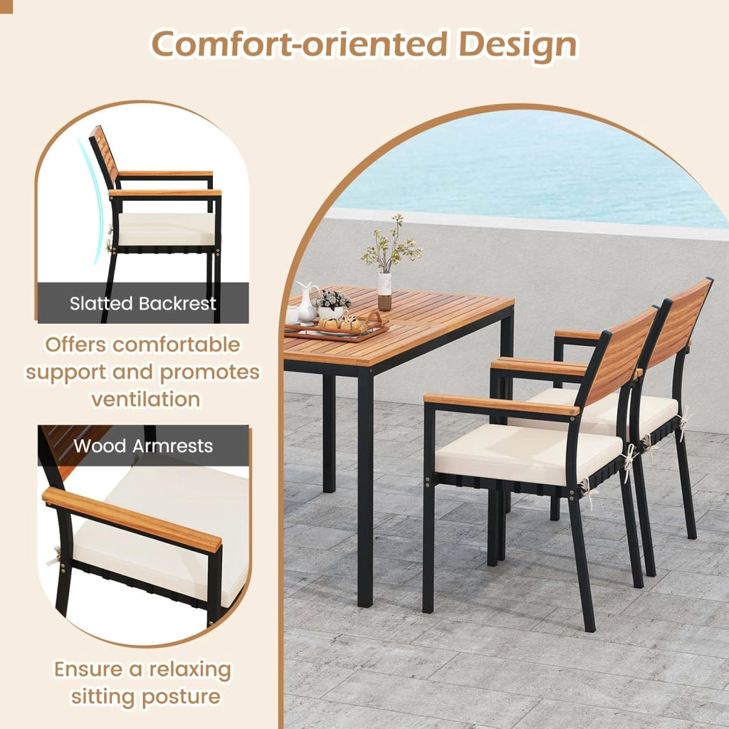 Tavolo da Giardino con 2 Sedie e Panca con Foro per Ombrellone e Cuscino Morbid, Set Pranzo da Giardino Ergonomico in Legno di Acacia, Design Impilabile, Set Salotto per Esterno da Balcone