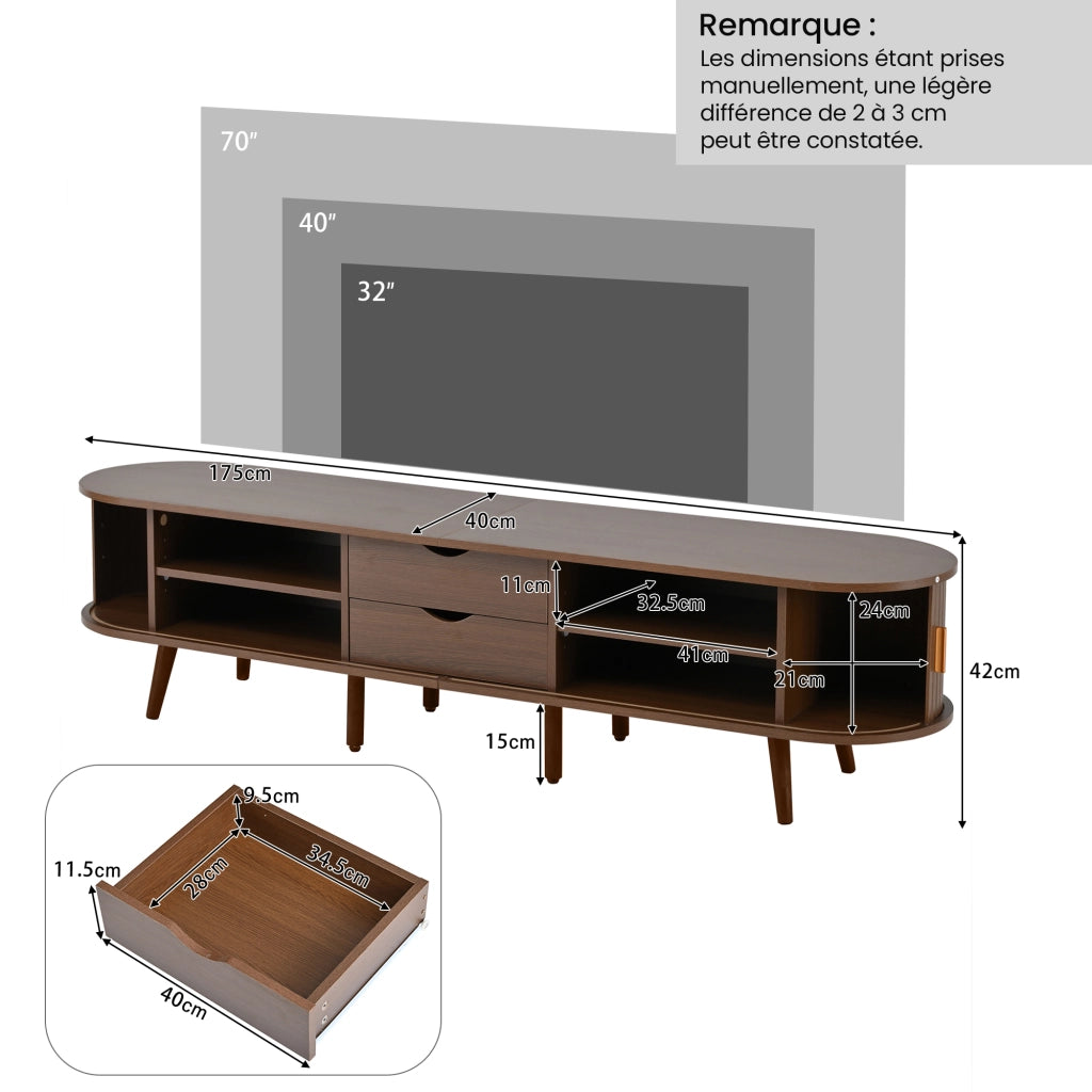 Mobile tv con 2 cassetti e 2 ante scorrevoli; piedini in legno regolabili; per soggiorno; in mdf; noce; 170 Ã— 40 Ã— 42 cm