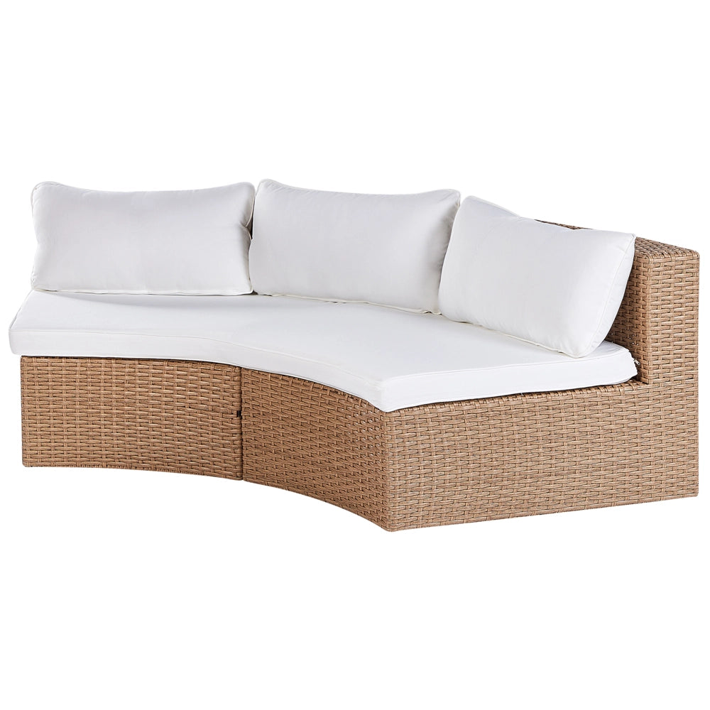 Set divano ad angolo da giardino beige sabbia finto rattan a forma di U 9 posti cuscini bianchi curvi con tavolo set di conversazione