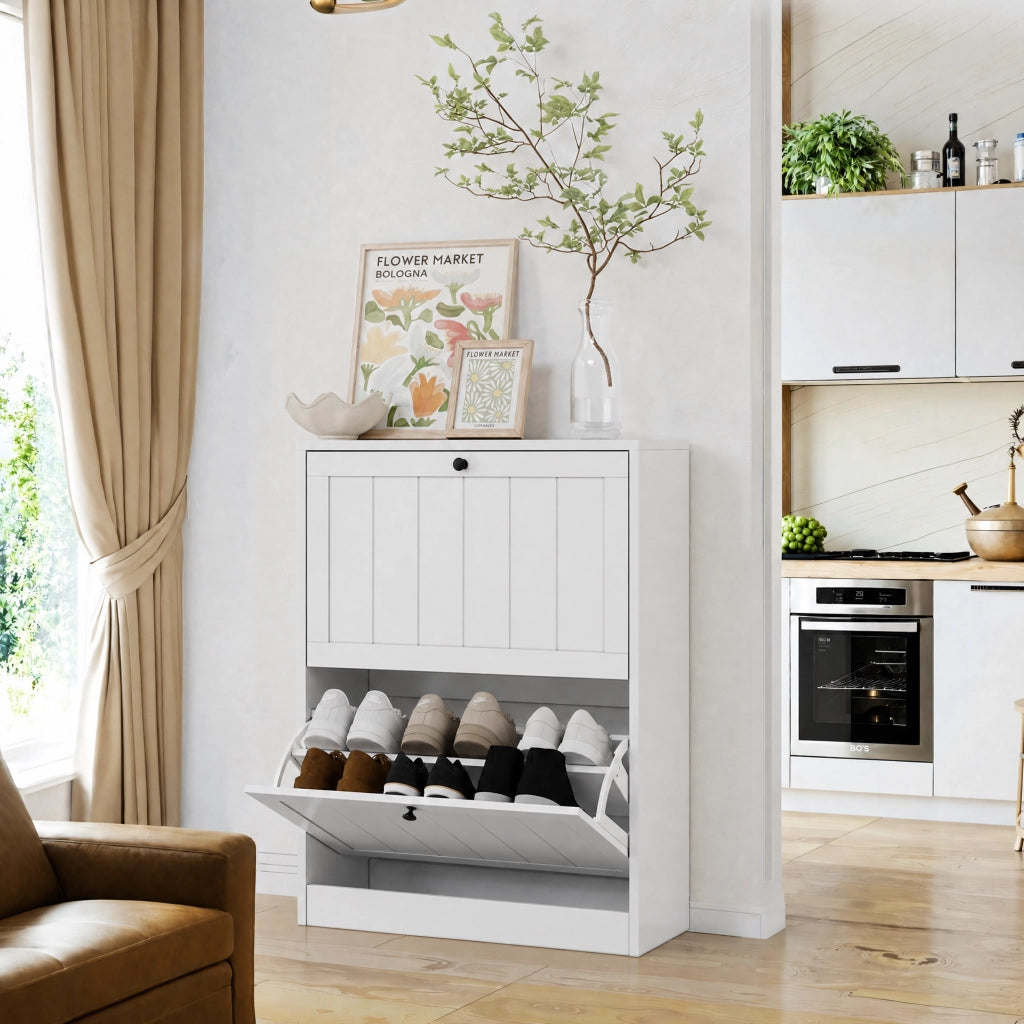 Scarpiera con 2 ante a ribalta e vani contenitore, design moderno per ingresso e corridoio, bianco, 92.5 × 42.0 × 17.8 cm